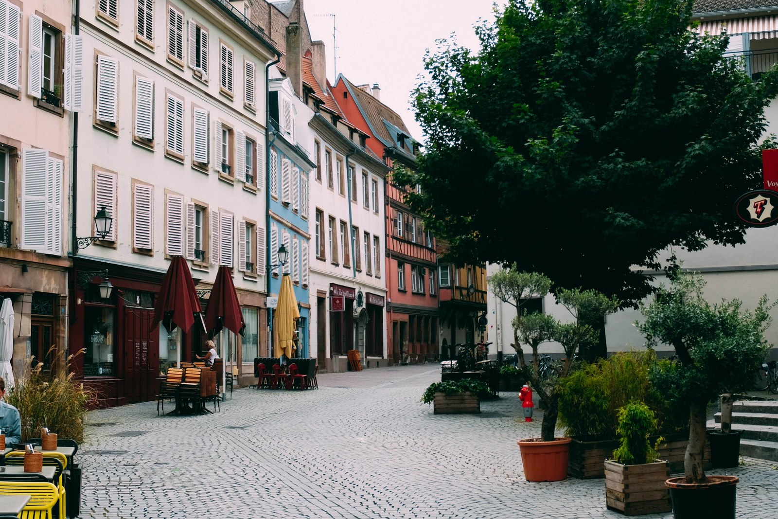 Cafe tables and a tree along a paved street between old buildings